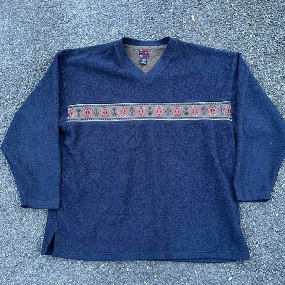 Bugle Boy Classics Mens Fleece Pullover Navy Blue V-Neck Southwestern XL Vintage